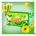 Green Gain original dryer sheets box shown with daisies and yellow flowers on a green gradient background