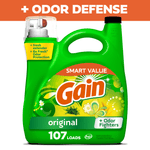 Green Gain Original liquid laundry detergent jug showing branding and 107 loads with odor defense messaging