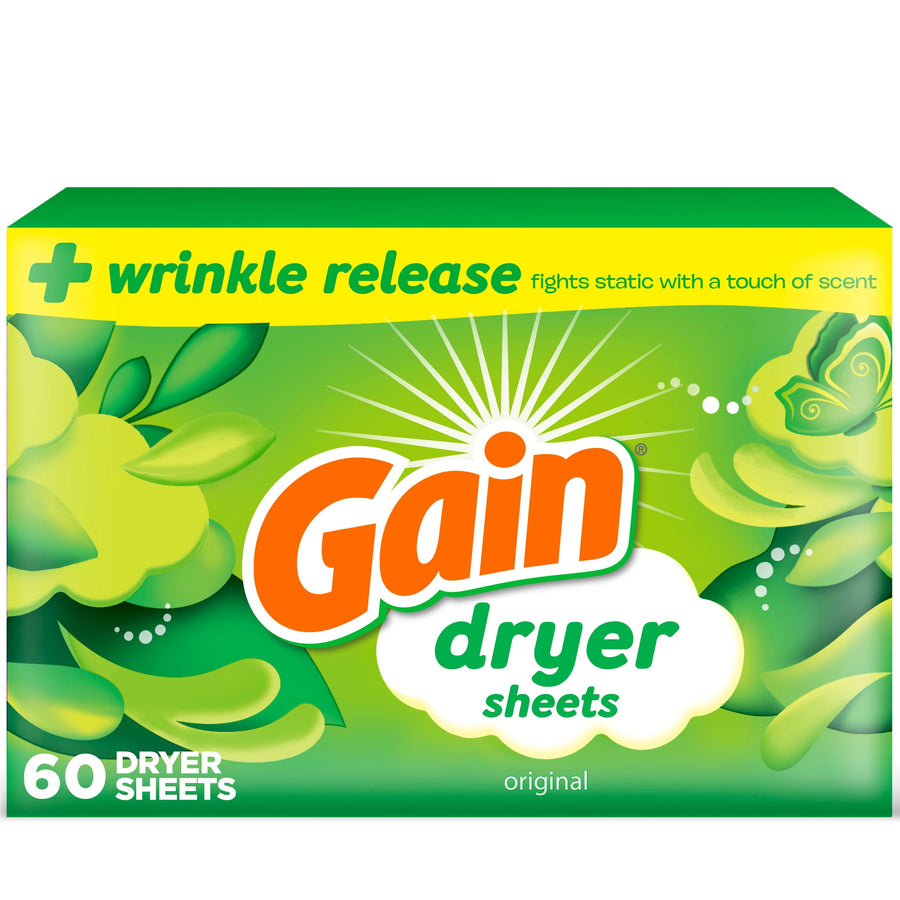 Single green Gain original dryer sheets box with orange Gain logo, floral graphics and "60 dryer sheets" text.