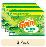 Three stacked green boxes of Gain original dryer sheets with prominent orange Gain logo and "60 dryer sheets" label.