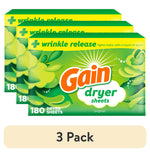 Three Gain original dryer sheets boxes with bright green floral packaging and ‘180 dryer sheets’ text