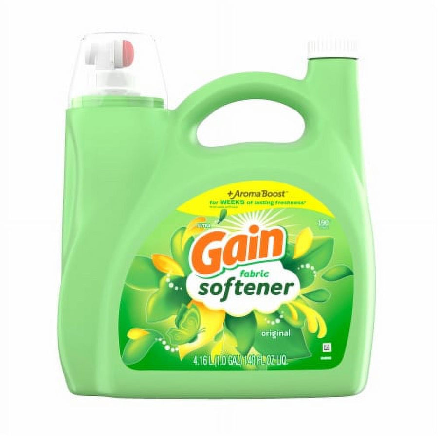 Front view of a light-green Gain Original fabric softener bottle with handle and floral label branding.