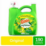Green Gain Original liquid fabric softener jug with label showing 'Gain fabric softener' and '190 loads' badge.