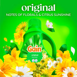 Green promotional image featuring Gain Original detergent surrounded by yellow and white flowers and 'notes of florals & citrus sunshine' text.
