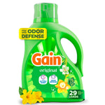 Green Gain Original liquid detergent bottle with floral artwork and 'odor defense' badge on a white background.