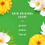 Green background graphic reading 'Gain Original Scent' with floral and leaf illustrations