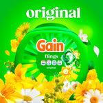 Gain Flings tub surrounded by yellow and white flowers with 'original' headline on a green background