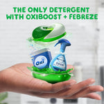 Close-up graphic of a Gain detergent pac above icons for OxiBoost and Febreze held over an open palm