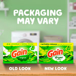 Graphic showing old look and new look Gain packaging on a shelf with ‘PACKAGING MAY VARY’ text