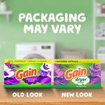 Graphic comparing old and new Gain dryer sheets packaging on a blurred laundry room background with 'packaging may vary' text