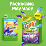 Green graphic comparing old and new Gain Odor Defense dryer sheet packaging with 'Packaging May Vary' headline