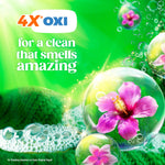 Bubbles and hibiscus flower graphic with text highlighting 4X OXI and a bright green background