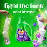 Gain Plus bottle centered with two socks on either side and headline 'fight the funk' promoting odor defense