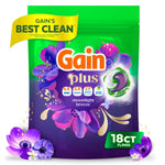 Front-facing pouch of Gain Plus Flings Moonlight Breeze with floral graphics and a visible 18 ct badge