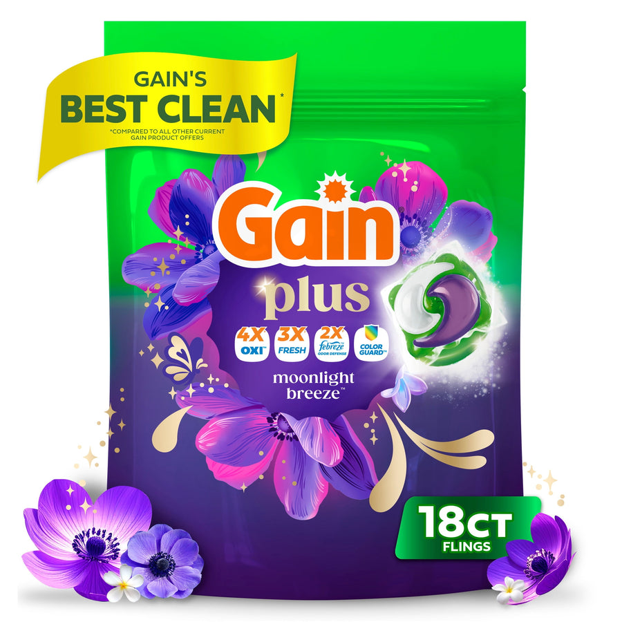 Front-facing pouch of Gain Plus Flings Moonlight Breeze with floral graphics and a visible 18 ct badge