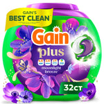 Bright green plastic tub of Gain Plus Moonlight Breeze laundry pacs with purple floral graphics and 32ct label