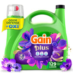 Green Gain Plus laundry detergent jug with purple floral label and odor defense + OXI banner