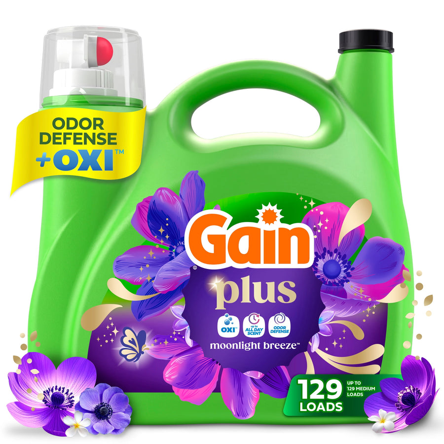 Green Gain Plus laundry detergent jug with purple floral label and odor defense + OXI banner