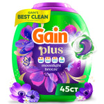 Gain Plus Moonlight Breeze laundry pacs jar with floral graphics and 45ct label on bright green and purple packaging