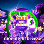 Gain Plus Moonlight Breeze jar surrounded by purple flowers against a night-sky background with 'moonlight breeze' text