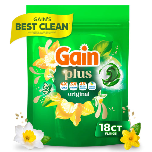 Green resealable pouch of Gain Plus Original laundry pacs with floral graphics and 18ct label