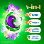 Close-up graphic of a green and purple Gain Plus laundry pac with 4-in-1 feature badges and floral accents