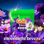 Gain Plus Flings pouch showcased among purple flowers against a night-sky backdrop with 'moonlight breeze' text