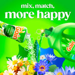 Bright promotional art showing Gain liquid being poured and scent booster granules with the tagline 'mix, match, more happy'