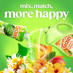 Illustrated pouring action of Gain scent booster and fabric softener over flowers and fruit with promotional text