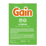 Green back panel of Gain powder detergent box with ingredients, caution text and 'original' branding