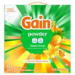 Front-facing Gain powder island fresh box with bright sunburst design and tropical fruit and flower art
