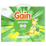 Wide front view of Gain powder detergent packaging with bright green rays, flowers and 'powder original' branding