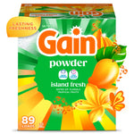 Front-facing box of Gain powder laundry detergent in Island Fresh design with mango and floral graphics and 89 loads callout