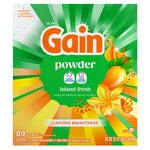 Clear product pack shot of Gain powder Island Fresh box with bright green radial background, mango and flower artwork and 82 oz label