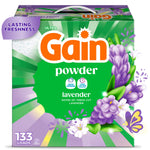 Front-facing Gain powder lavender cardboard box with floral graphics and prominent orange logo