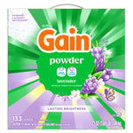Full front view of Gain powder lavender cardboard box with green radiating background, floral accents, and logo