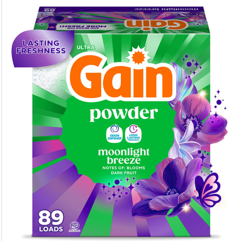 Front-facing Gain powder Moonlight Breeze box with green and purple floral design and 89 loads callout