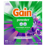 Top-down Gain powder Moonlight Breeze packaging art with green burst background, floral illustration and 89 loads and 82 oz markings