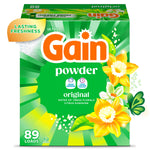 Front-facing Gain powder box in bright green packaging with floral artwork and 'original' scent label