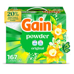 Front-facing Gain powder laundry detergent box in green packaging with yellow flowers and '167 loads' callout
