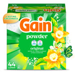 Front-facing Gain powder laundry detergent box with green sunburst design and yellow floral artwork