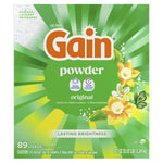 Square front product shot of Gain powder original with green sunburst background and floral illustration