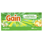 Wide horizontal view of Gain powder packaging with sunburst green design and '89 loads' callout