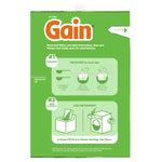 Gain powder detergent box side panel showing dosing instructions and illustrations for measuring and adding detergent