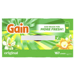 Top-facing retail display flap of Gain powder detergent with handle slot, floral graphics and 'add beads for more fresh' text