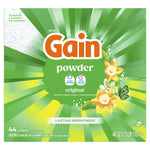Top-down product image of Gain powder box with large logo, 'powder' text and yellow floral accents on green rays