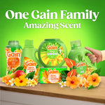Array of Gain laundry products including detergent, scent booster, dryer sheets and softener with tropical flowers