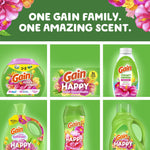Grid of Gain brand products on green panels under the headline 'One Gain Family. One Amazing Scent.' with floral accents.