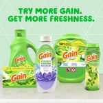Product lineup graphic featuring multiple Gain products including a centered Gain Rinse+Renew Dewdrop Dream bottle and promotional text