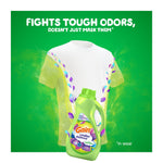 Promotional graphic with a white t-shirt outline, green background and Gain fabric softener bottle foreground